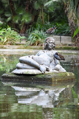 Fototapeta na wymiar Beautiful birds on woman sculpture on a lake in the park