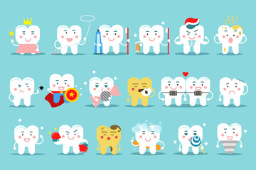 Cute White Tooth Character Holding Dental Floss, Toothbrush and Drinking Coffee Vector Set