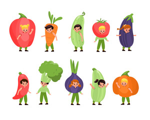 Kids vegetables dressed. Children costume party, fancy little fruits, cute happy boys and girls wearing veggies pajamas, fun dress-ups. Vegetarian clothes. Vector cartoon isolated set
