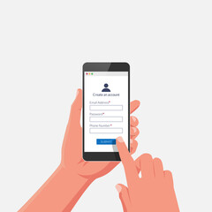 Online registration form concept on smartphone screen. Login page interface on hand vector illustration.