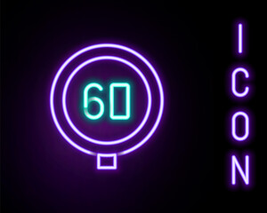 Glowing neon line Speed limit traffic sign 60 km icon isolated on black background. Colorful outline concept. Vector