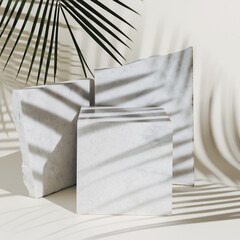 Luxury marble stone podium with palm leaves and shadows on beige background. Concept scene stage showcase for product, promotion, sale, banner, presentation, cosmetic. Minimal showcase empty mock up.