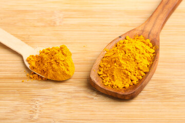 Turmeric in wooden spoon on white background.