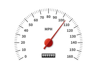 Speedometer. Realistic odometer interface. Speed meter with red arrow and miles measuring scale. Vehicle dashboard template. Car counter dial design. Vector transport velocity indicator - obrazy, fototapety, plakaty