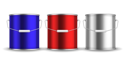 Steel can for paint. Realistic metal buckets with handles. 3D packaging for liquid. Blue or red and white aluminum containers mockup. Vector isolated metallic pails set for branding