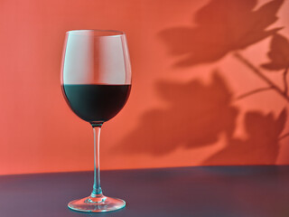 Glass of red wine and shadow from grape leaves