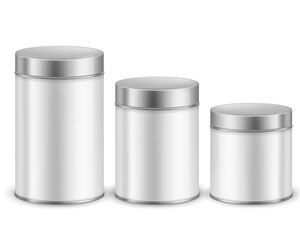 Tin can container metal. Packaging dry products cylinder boxes with caps different size, tea or coffee, sugar or cereals, spice or powder branding package template vector realistic set