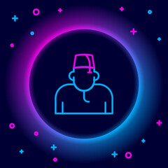 Glowing neon line Muslim man icon isolated on black background. Colorful outline concept. Vector