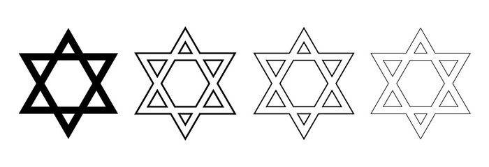 Jewish Star of David. Set of black vector icons isolated on white background.Symbol of Israel.David star icon simple.Jewish,hebrew symbol in black color.