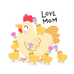 Happy Mother's Day greeting card with cute hen and chicks with flowers. Chicken and baby. Animal cartoon character set. Vector in flat style.