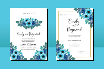 Wedding invitation frame set, floral watercolor hand drawn Blue Rose and Anemone Flower design Invitation Card Template