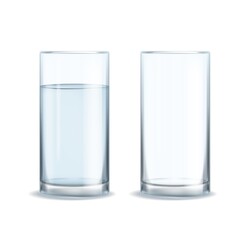 Water glass realistic set. Full and empty of clean mineral healthy pure aqua realistic glasses, beverage in transparent glassware, blank object for drinks. Vector 3d isolated illustration