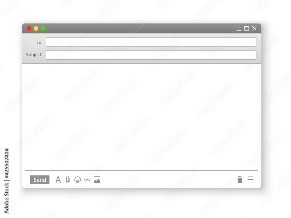 Poster Window email. Realistic frame for online message. Mail application web page template for sending letters. Internet messenger interface with place for text and buttons. Vector UI mockup