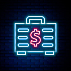 Glowing neon line Briefcase and money icon isolated on brick wall background. Business case sign. Business portfolio. Colorful outline concept. Vector