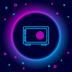 Glowing neon line Safe icon isolated on black background. The door safe a bank vault with a combination lock. Reliable Data Protection. Colorful outline concept. Vector