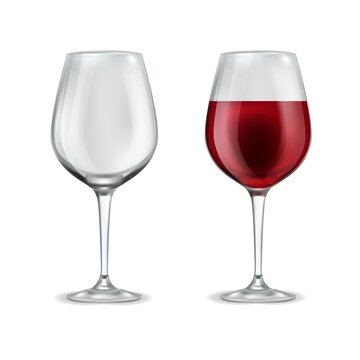 Wine glass realistic. 3d empty glassware and with half filled red wine. Alcoholic drink in elegant transparent wineglass. Grape beverage winery collection vector isolated illustration