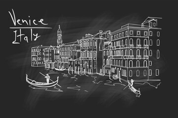 Vector sketch of scene in Venice with channel, gondola and architecture. © phant