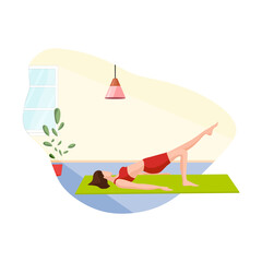 The girl does yoga lying on the mat. Sports exercises at home. Vector illustration.