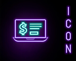 Glowing neon line Laptop with dollar icon isolated on black background. Sending money around the world, money transfer, online banking, financial transaction. Colorful outline concept. Vector