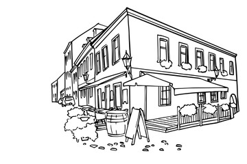 Hand drawn ink line sketch of european street