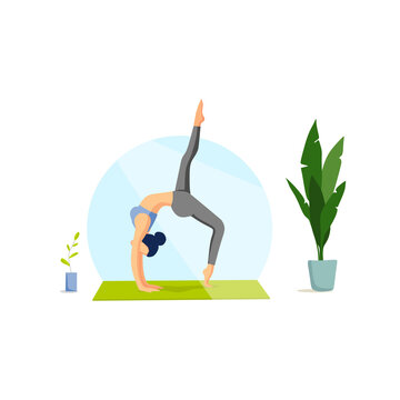 The girl does yoga lying on the mat. Sports exercises at home. Vector illustration.