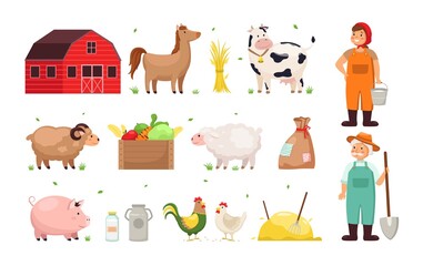Farm objects. Man and woman farmers, agricultural crops and utensils, funny different domestic animals and birds, vegetables harvest, red wooden shed. Countryside vector cartoon isolated set