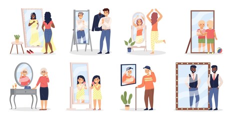 People looking at mirror. Men and women see themselves in reflective surface. Human appearance reflections. Characters choose and try on clothes at home or in fitting room, vector set