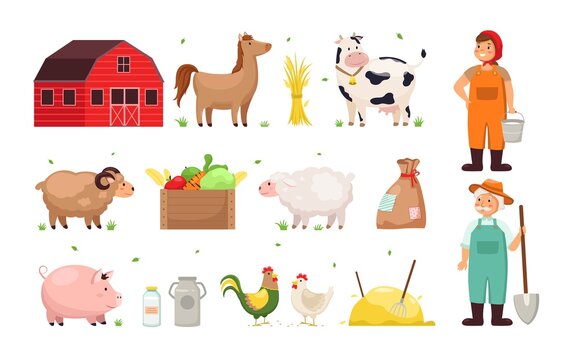 Farm objects. Man and woman farmers, agricultural crops and utensils, funny different domestic animals and birds, vegetables harvest, red wooden shed. Countryside vector cartoon isolated set