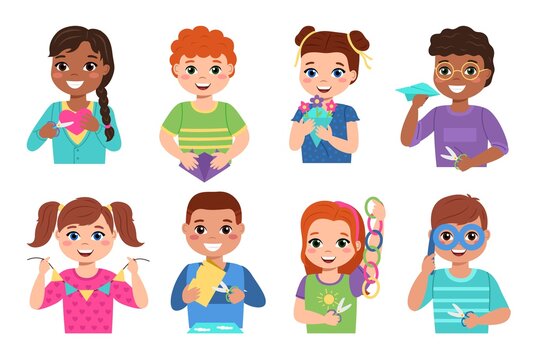 Kids paper craft. Happy creative children cut colored paper, make applications, bend origami and glue flags and chains garlands. Girls and boys with art works, school exhibition vector set