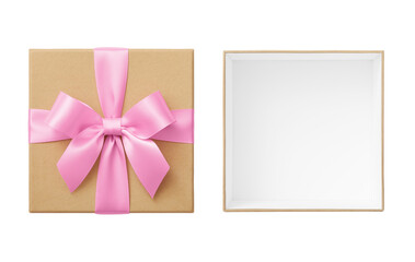 Open kraft gift box with lid and pink bow cut out on white background, present box top view