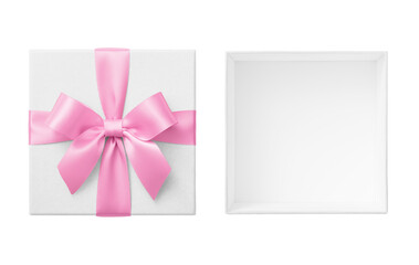 Open white gift box with lid and pink bow cut out on white background, present box top view