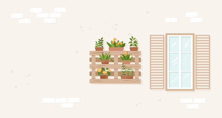 Pallet flowers on the old brick wall. Window with open wooden blinds. Summer exterior illustration. Vector textured elements. Potted houseplants. Horizontal banner with copy space
