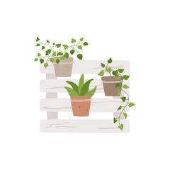 Pallet flowers, garden or home recycled decor. Isolated potted houseplants on wooden shelf. Summer exterior illustration. Vector textured elements in shabby style.