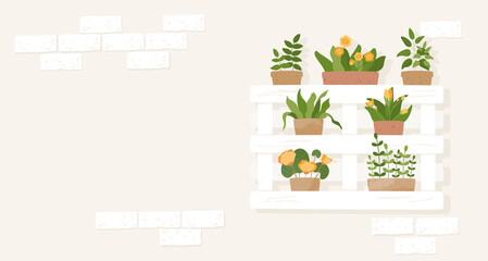 Pallet flowers on the old brick wall. Potted houseplants. Horizontal banner with copy space. White wooden pallets decoration. Summer exterior illustration. Vector textured elements in shabby style.
