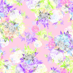  Abstract floral seamless pattern painted with paints lovely peonies with foliage