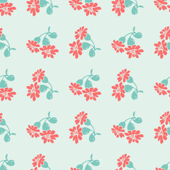 Naklejka premium Hand drawn bloom blue branches with red flowers, floral seamless pattern abstract background wallpaper vector. Line art botanical illustration for graphic design print. Trendy nature color pastel blue
