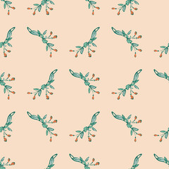 Hand drawn bloom green branches with red flowers, floral seamless pattern abstract background wallpaper vector. Line art botanical wrapping illustration for graphic design print. Nature pastel pink