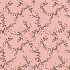 Hand drawn bloom green branches with pink flowers, floral seamless pattern abstract background wallpaper vector. Line art botanical wrapping illustration for graphic design print. Nature pastel green