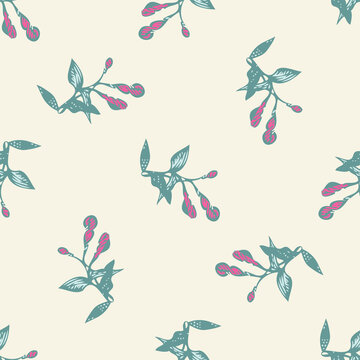 Hand drawn bloom green branches with pnik flowers, floral seamless pattern abstract background vector on white. Line art botanical wrapping illustration graphic design print. Nature pastel colors