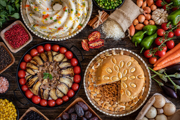 Local foods concept. Different kinds of pilaf on the table. Perde pilavı and ters çevirme pilav