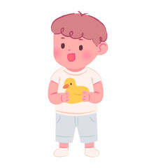 A cute toddler enjoys holding a duck toy. Baby vector illustration isolated on white background.