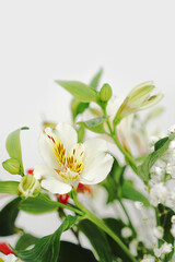 Abstract floral background. Alstroemeria bouquet close up. Floral card. Unfocused bunch of spring flowers. Delicate nature background. 