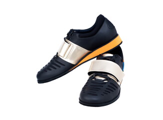 Black weightlifting shoes, on a white background isolated