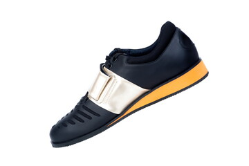Black weightlifting shoes, on a white background isolated