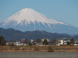 川原から見る積雪の多い富士山