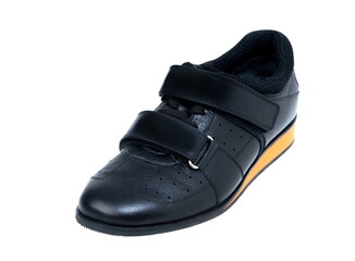 Black weightlifting shoes, on a white background isolated