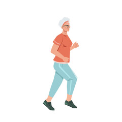 Running senior woman in casual cloth isolated jogging old lady cartoon style character, middle age female, side view. Vector pensioner sportive jogger run workout, movement motion, sport trainings