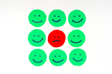 Paper-cut circles with faces with different emotions. A group of facial expressions for high-quality, high-mood eyes