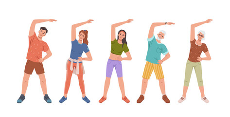 Cartoon people training together stretching hand aside, yoga fitness classes. Vector flat cartoon people doing sport exercises, sportsman training workout. Healthy lifestyle wellness wellbeing