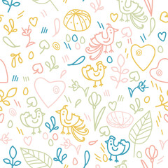 Fototapeta na wymiar Easter cute doodle seamless pattern with heart, bird, eggs, flowers, branch isolated on white background. Vector illustration. Rustic backdrop for holiday card, wrapping paper. Stock illustration.